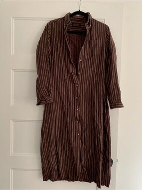 Eddie Bauer Brown Striped Button-Front Long Shirt Dress Size Medium Cotton